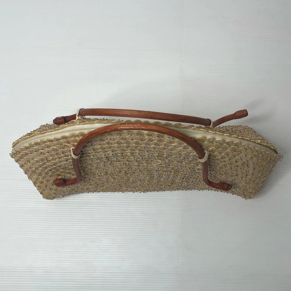 Vintage Handbag Woven Bamboo Wood Handle Sequins Handmade Bag Hand Crafted Purse